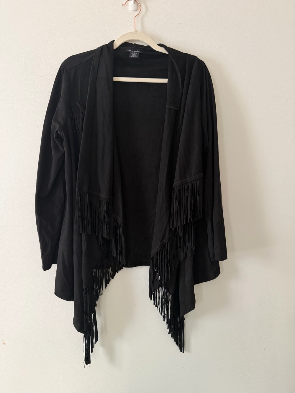 Fringe Open-Front Knit Jacket - Black